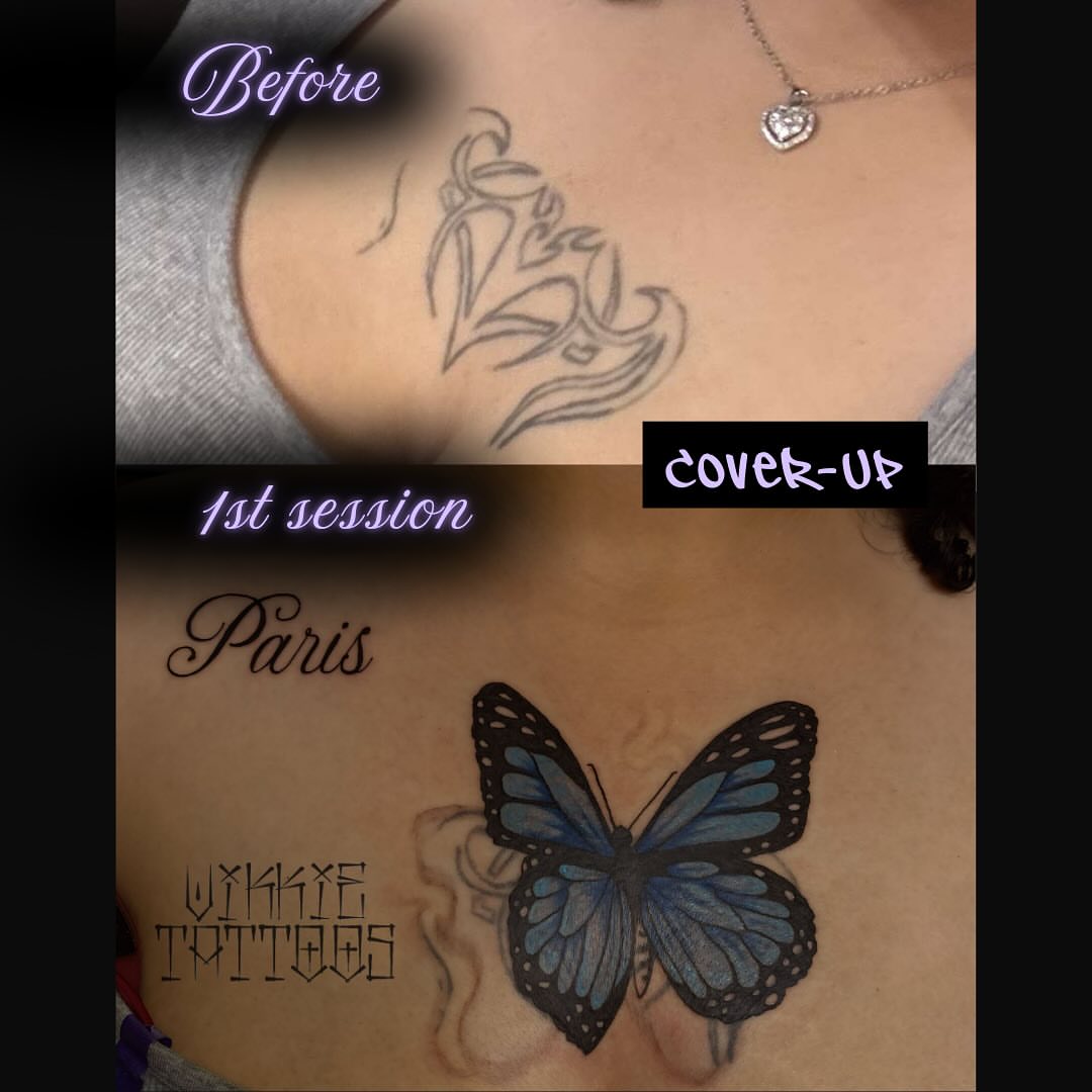 Butterfly realism tattoo on the chest by Victoria Mendez