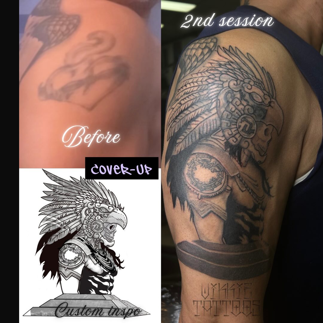Mexican warrior tribal tattoo on the shoulder by Victoria Mendez
