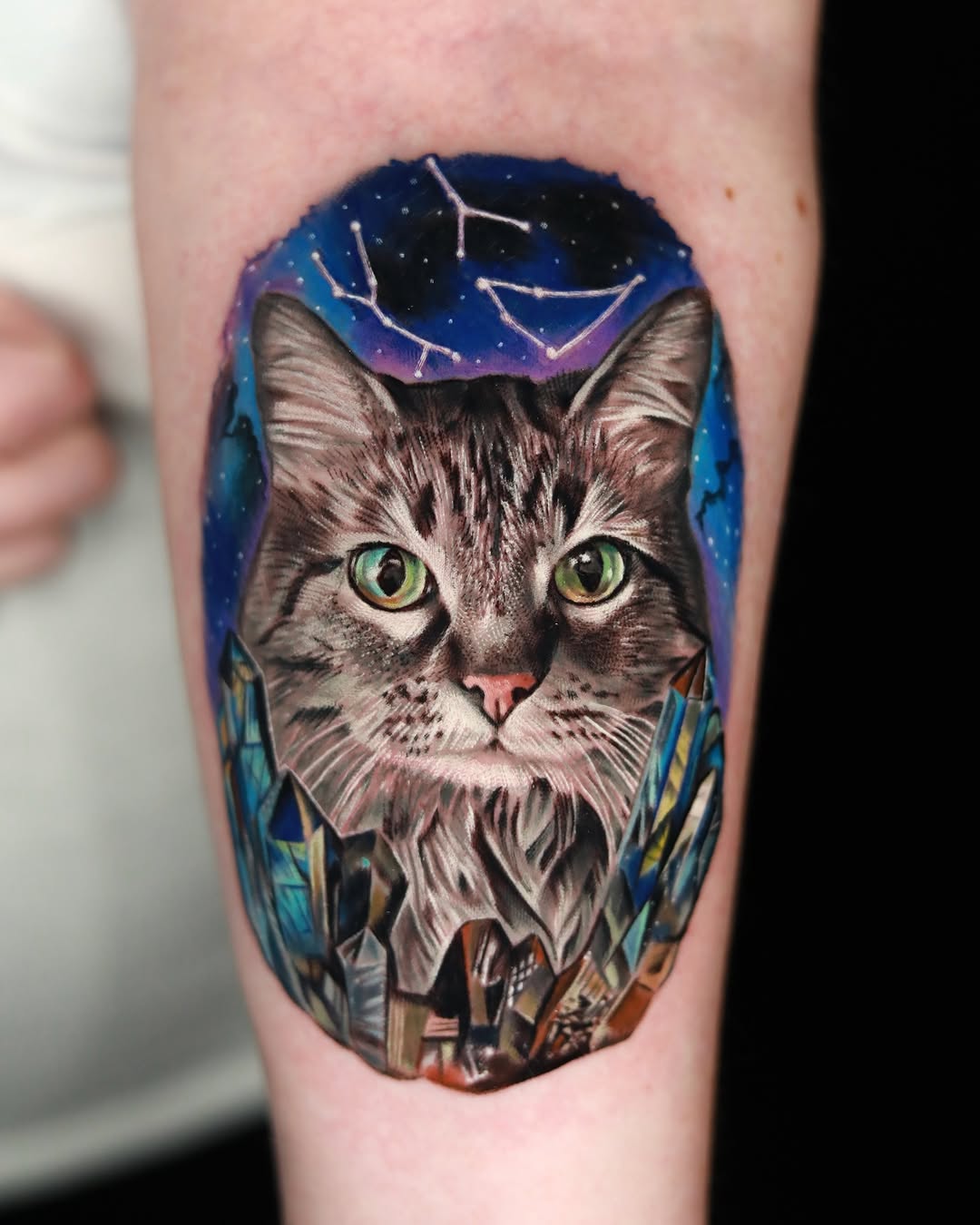 Cat portrait with crystals and constellations realism tattoo on the forearm by Jules, Arlington, Texas