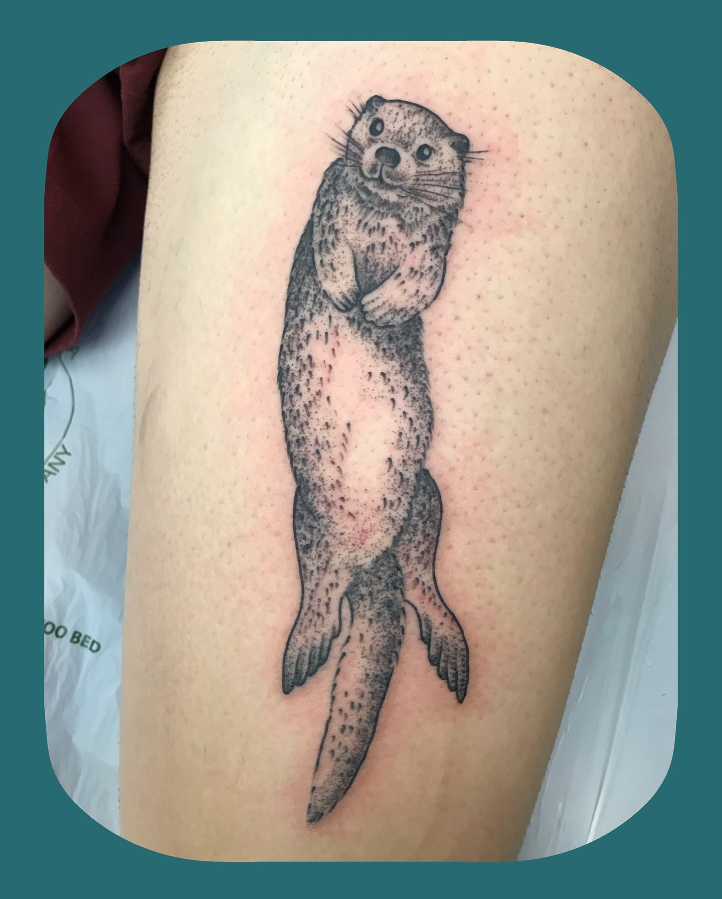 Otter dotwork tattoo on the thigh by Chris Chapman