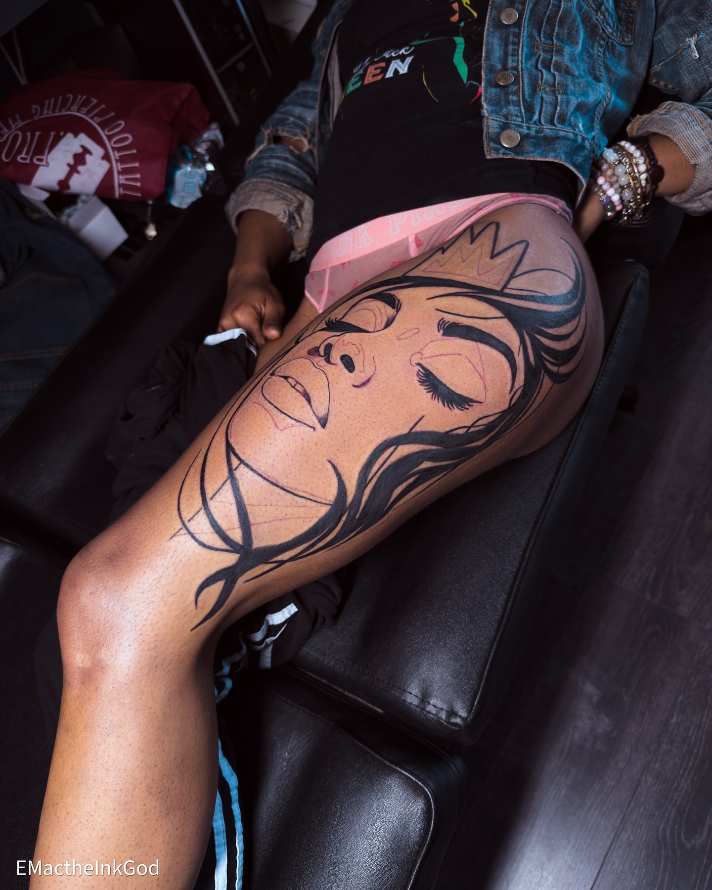 Woman's face dotwork tattoo on the thigh by Emac, Baltimore, Maryland