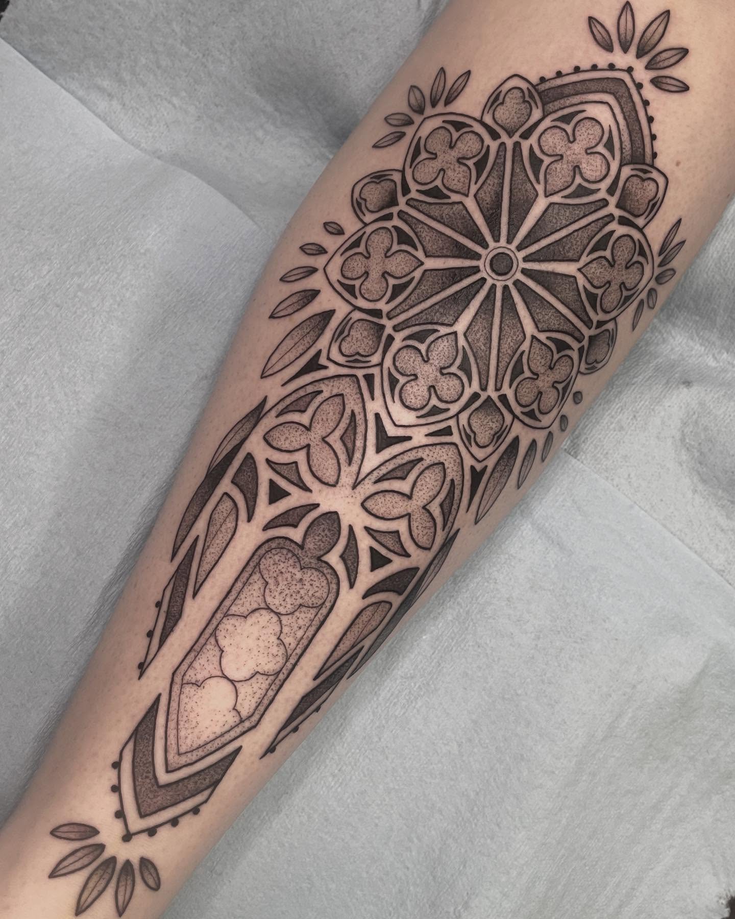 Gothic window dotwork tattoo on the forearm by Amanda Marie, Edmonds, Washington