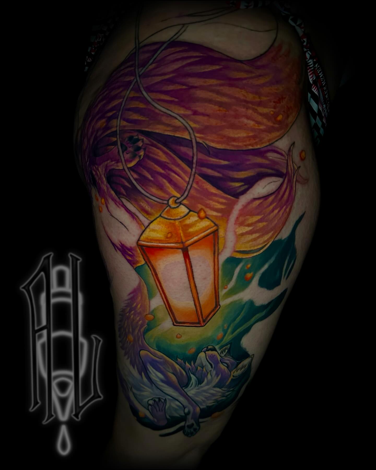 Lantern and wolf new school tattoo on the thigh by Andrew Luce