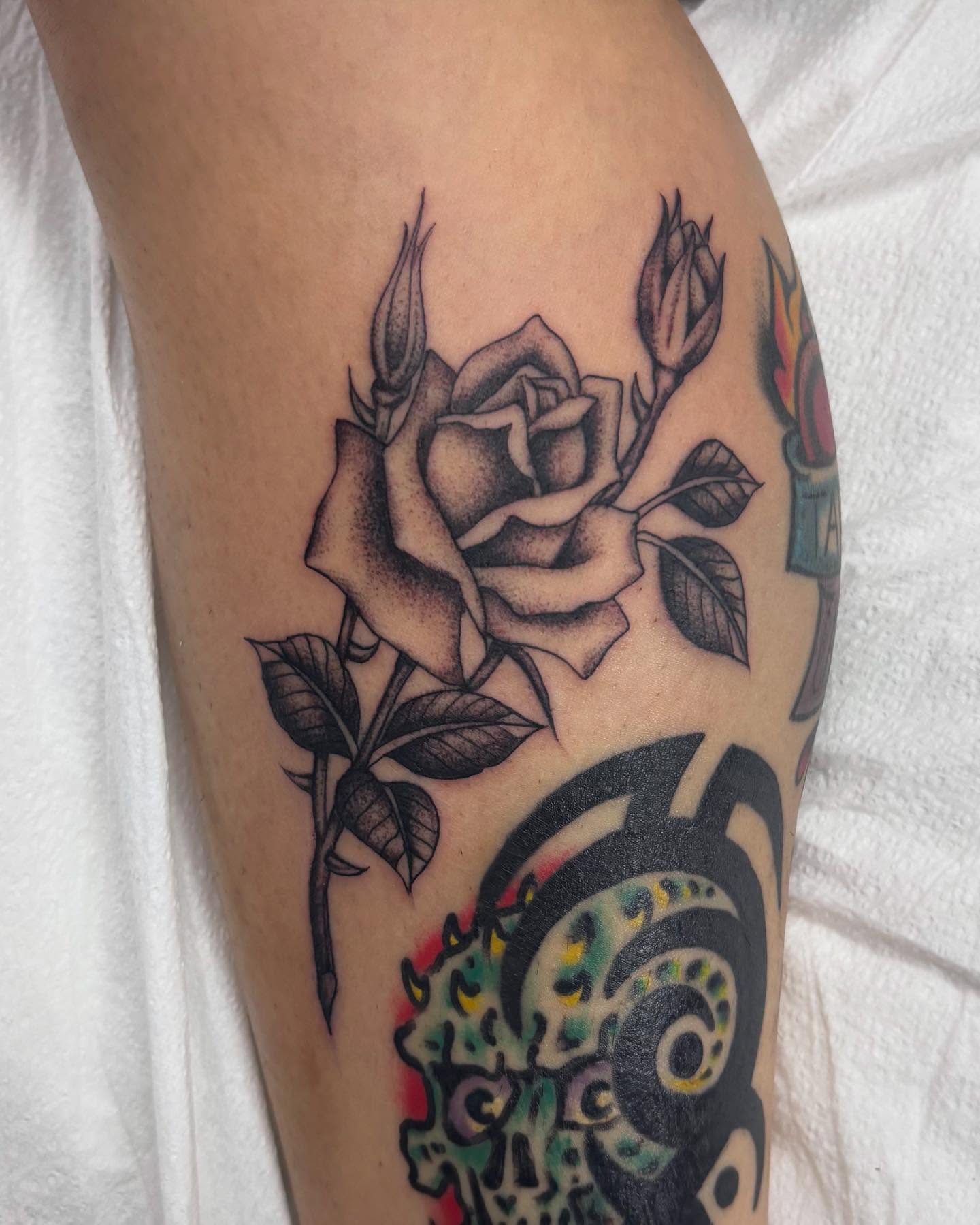 Rose American traditional tattoo on the forearm by ⟡ Sam O ⟡