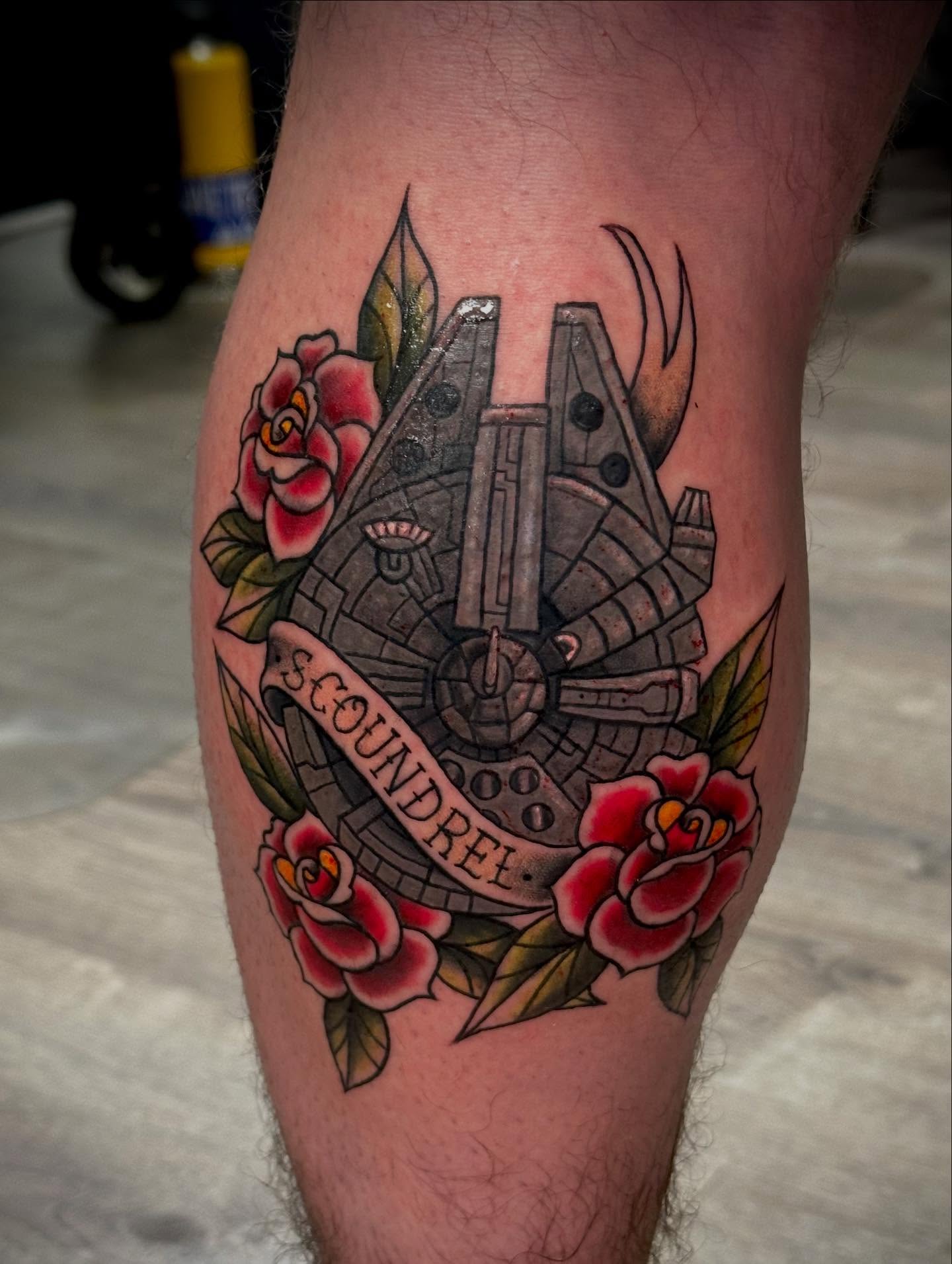 Millennium Falcon American traditional tattoo on the thigh by MR