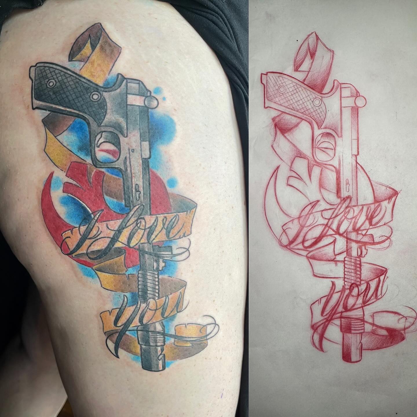 Gun and ribbon new school tattoo on the thigh by Paul Hicks