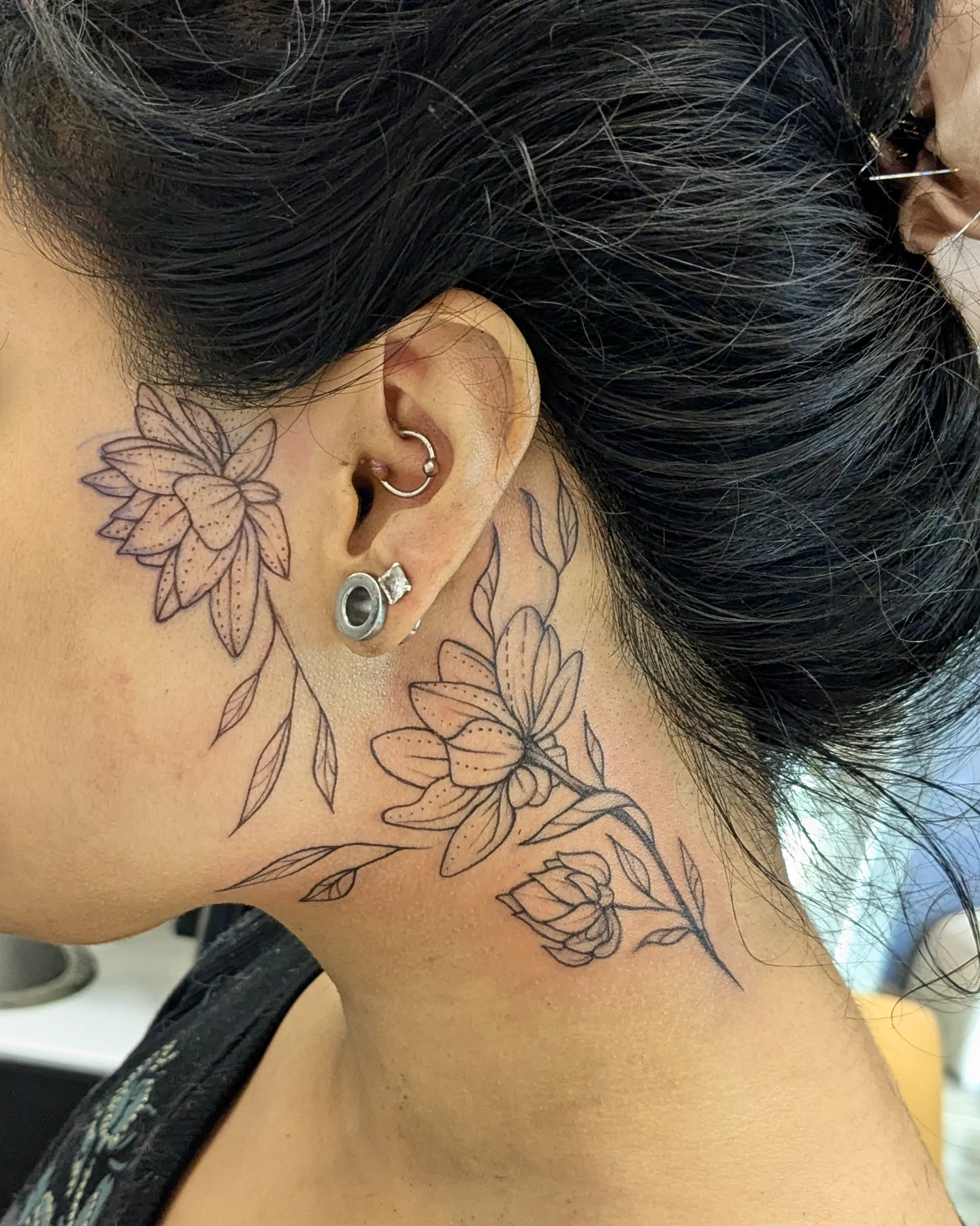 Floral black and grey tattoo on the neck by ⁘ heléna tupou-lisle ⁘