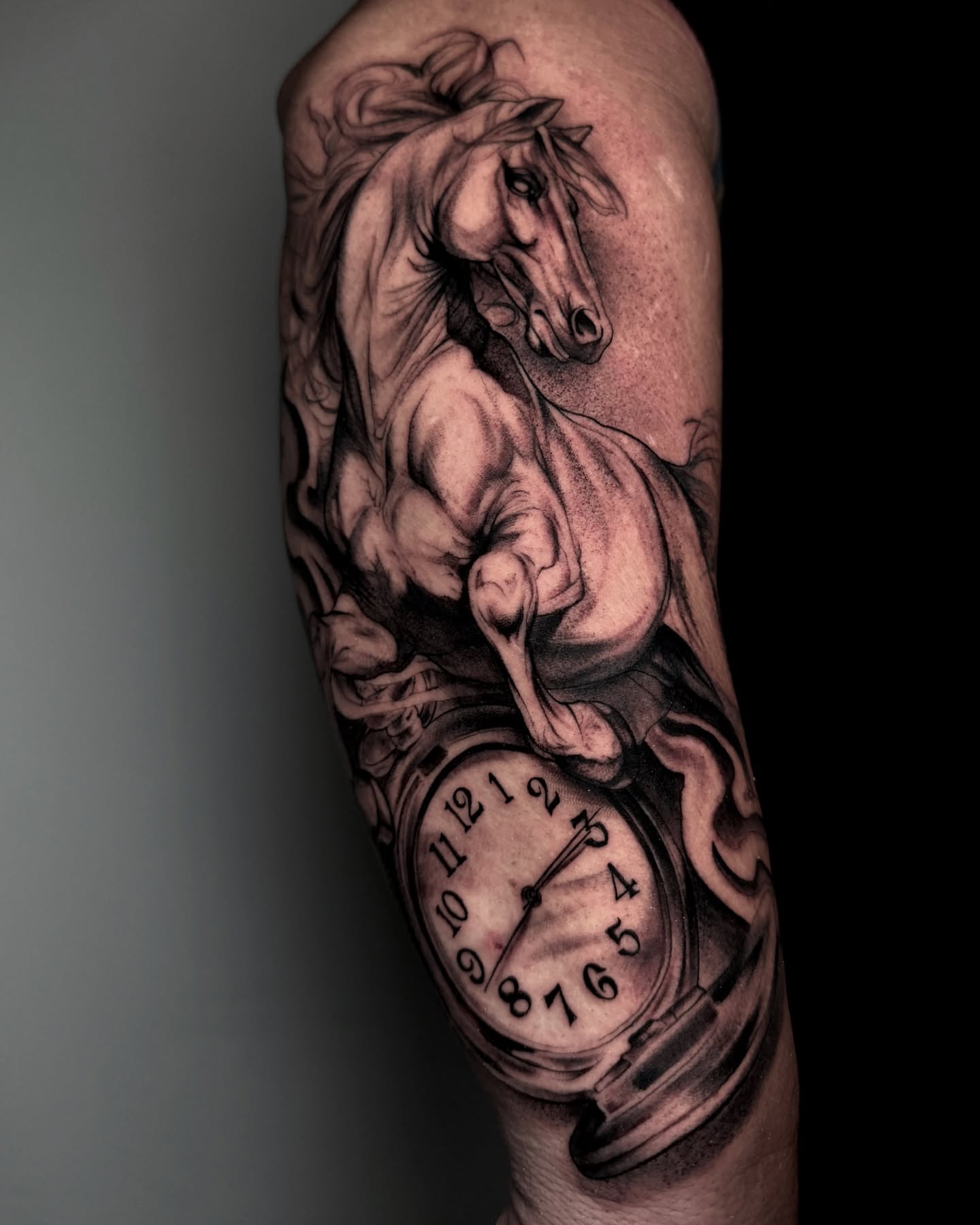 Galloping horse realism tattoo on the forearm by Jesse Temores