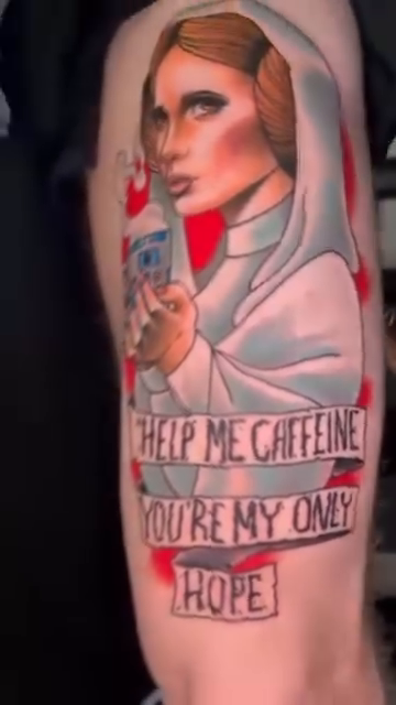 Princess Leia holding a coffee cup neo-traditional tattoo by Matti Hixson