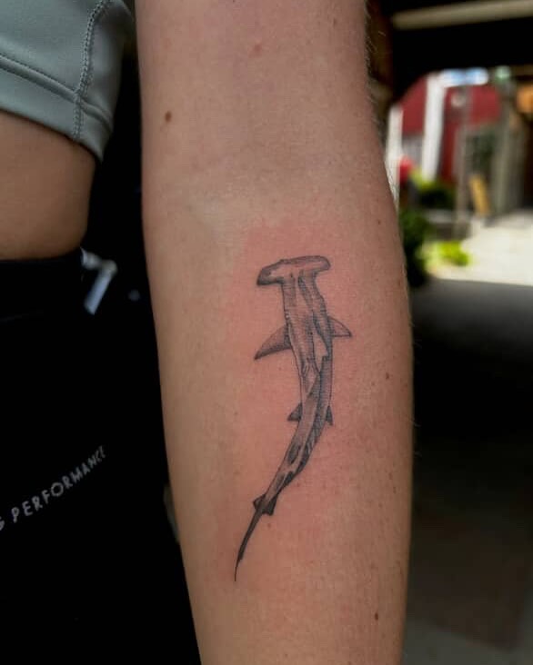 Hammerhead shark black and grey tattoo on the forearm by Amara Lyons, Matakana, New Zealand
