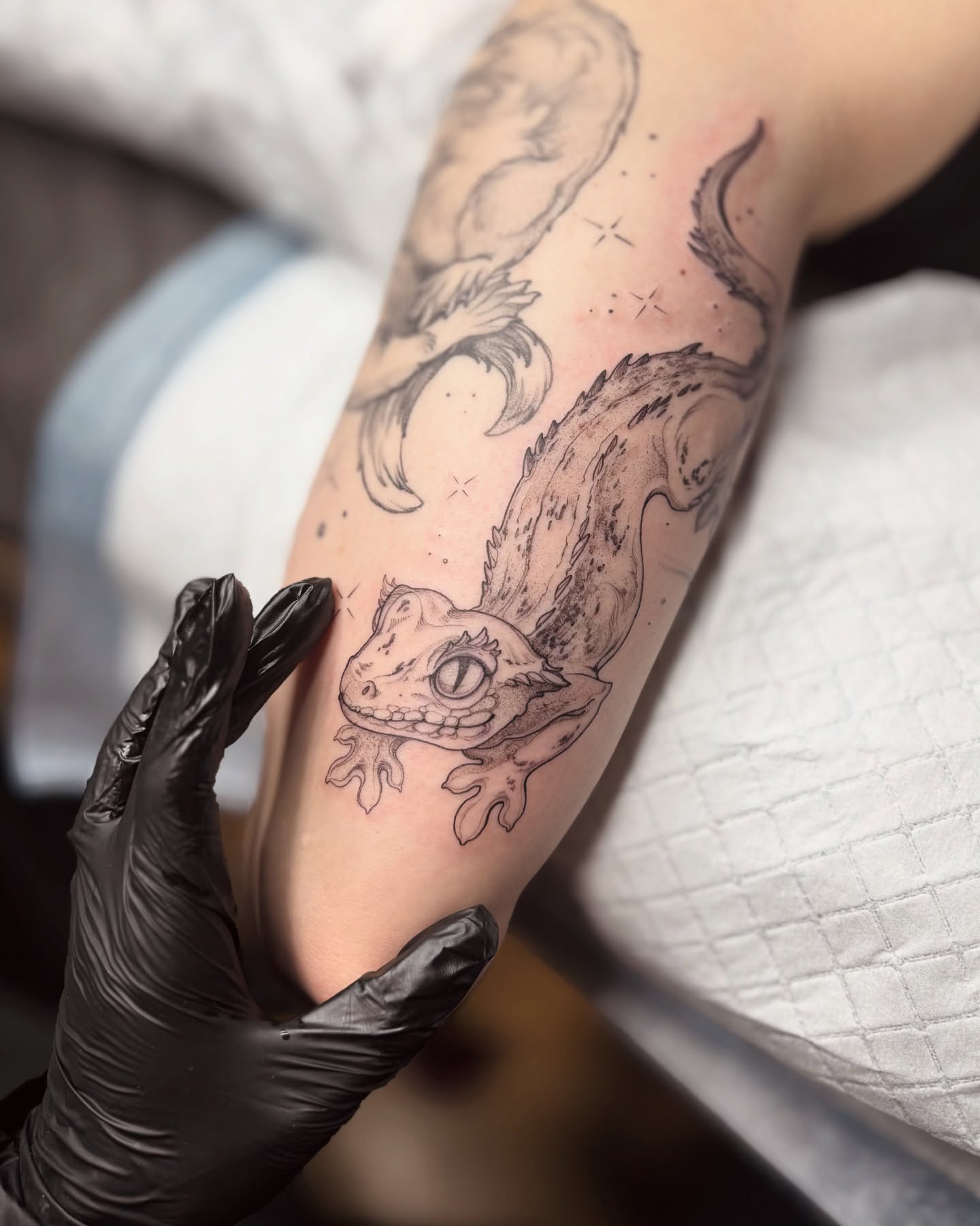 Lizard black and grey tattoo on the forearm by vaprol tattoo ✧ Boston