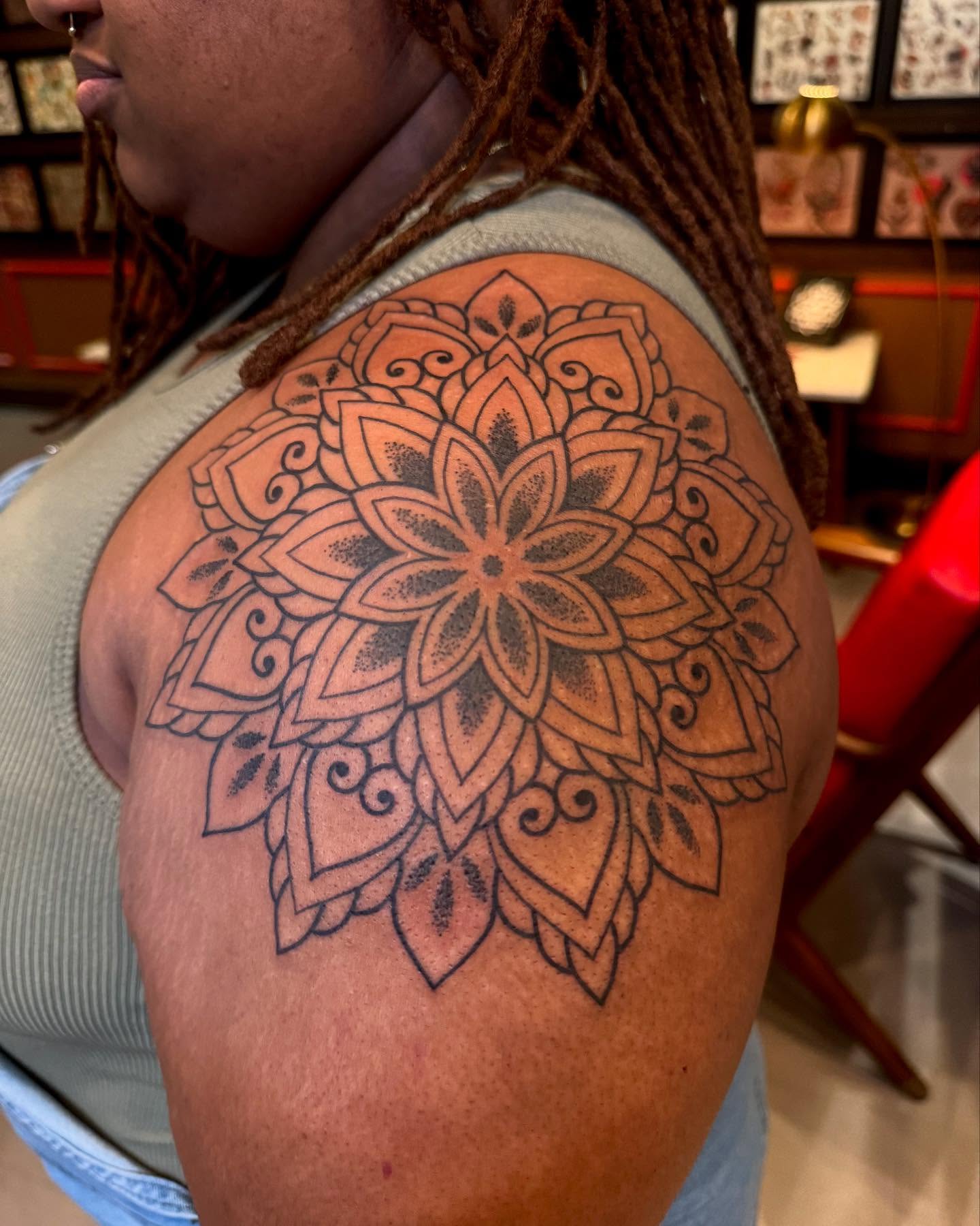 Tattoo by @ambergreytattoos — dotwork, ornamental