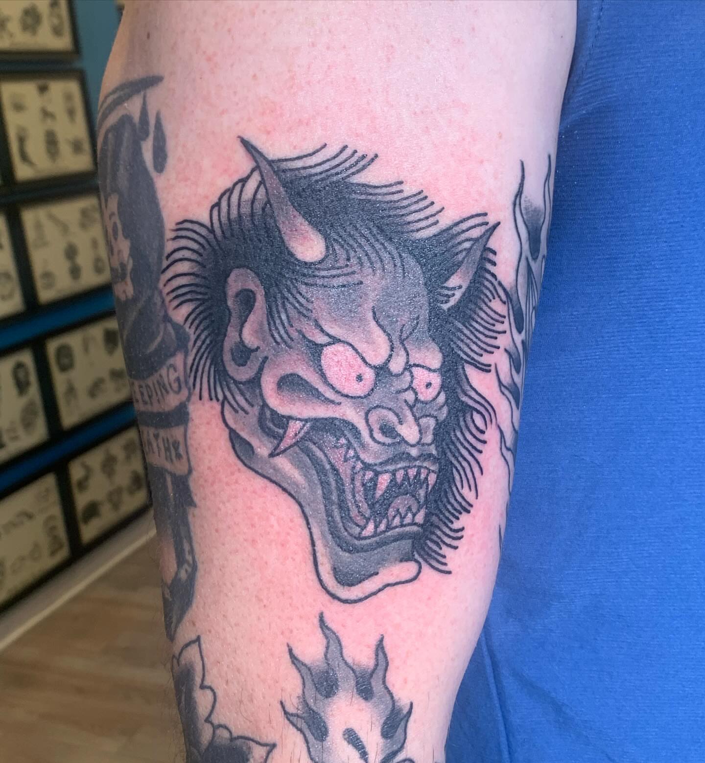 Demon mask japanese irezumi tattoo on the forearm by mike_howard