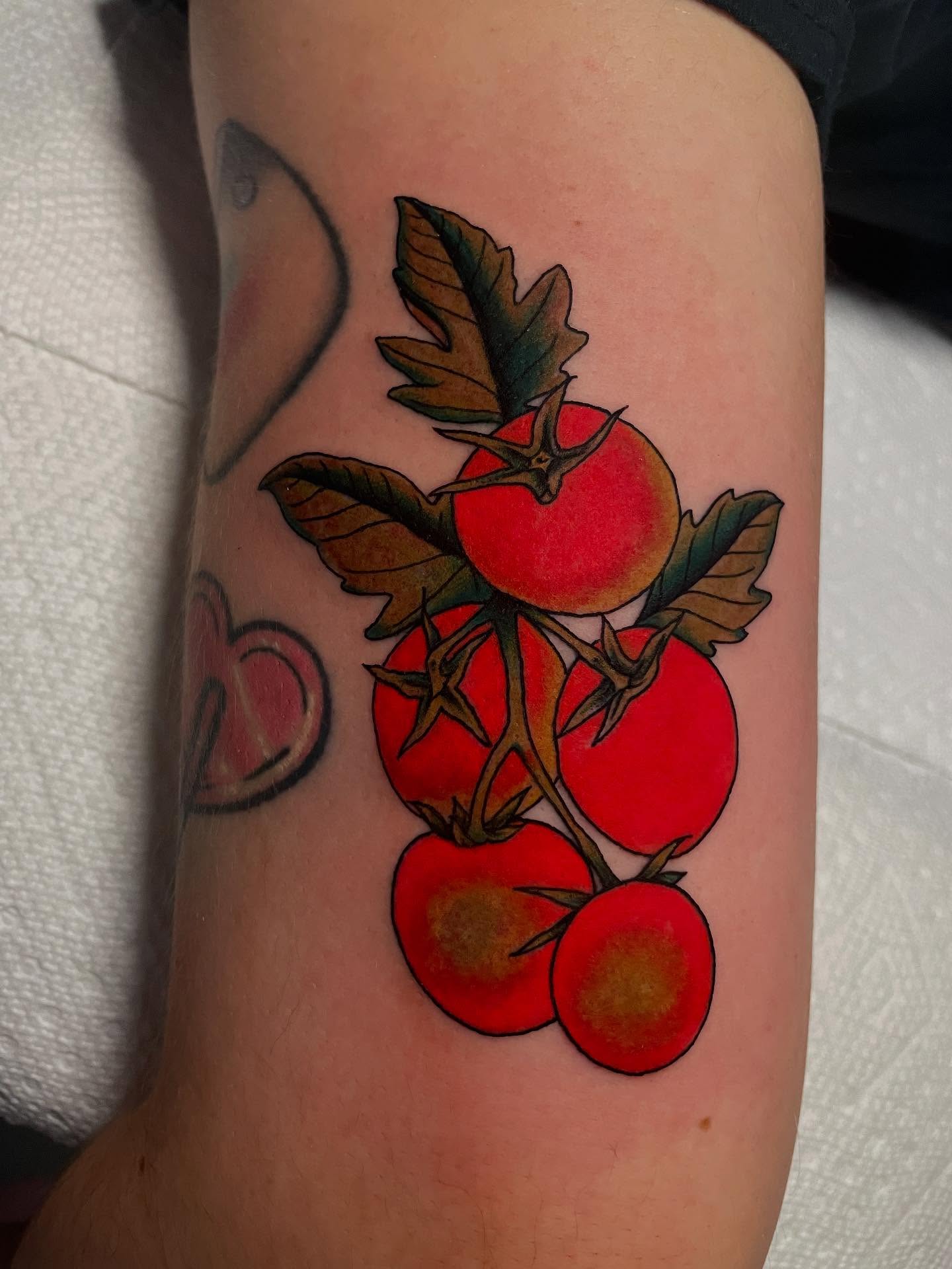 Tomatoes American traditional tattoo on the forearm by Dayton Tattoo Artist, Miamisburg, Ohio