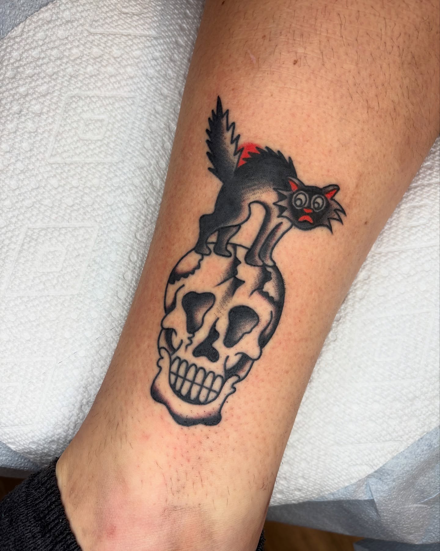 Cat on skull American traditional tattoo on the forearm by Charlie Dunkel Tattoo