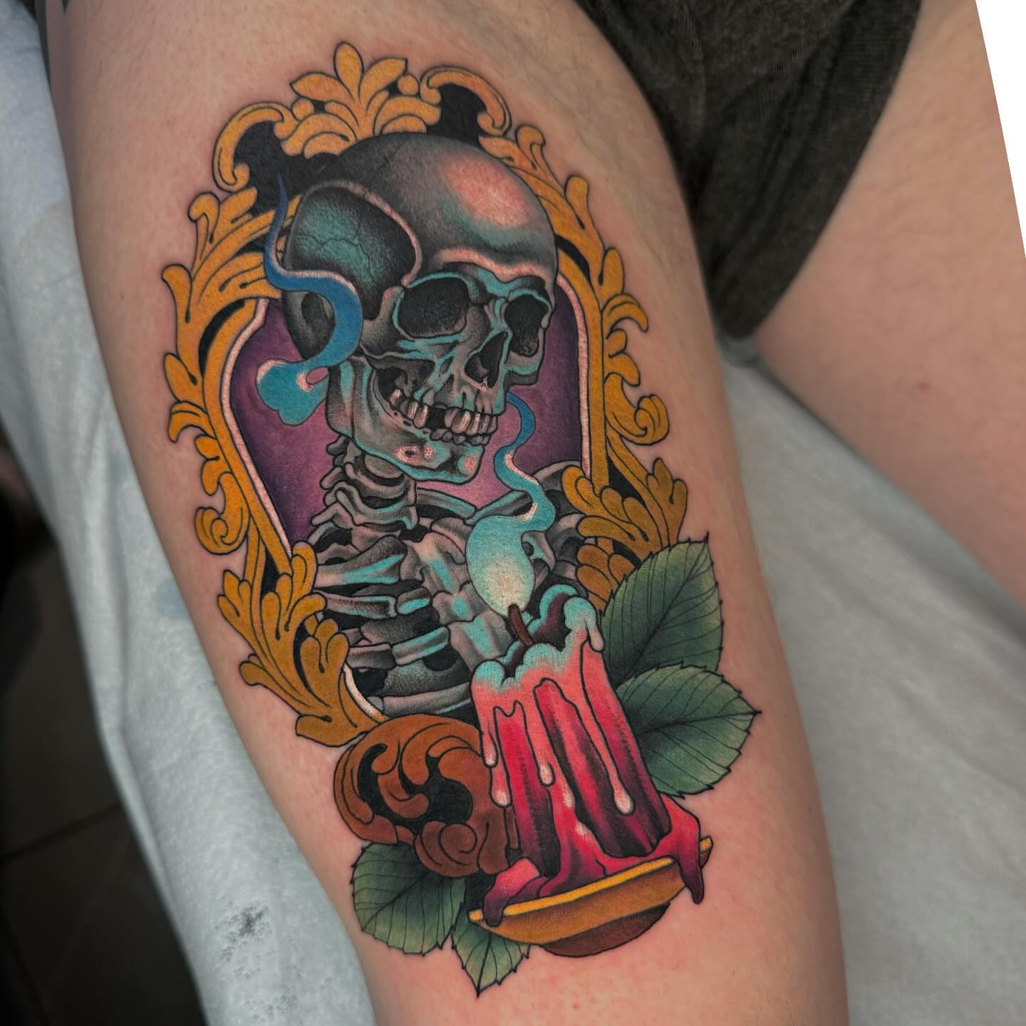 Skull and candle American traditional tattoo on the forearm by Ryan Futterman