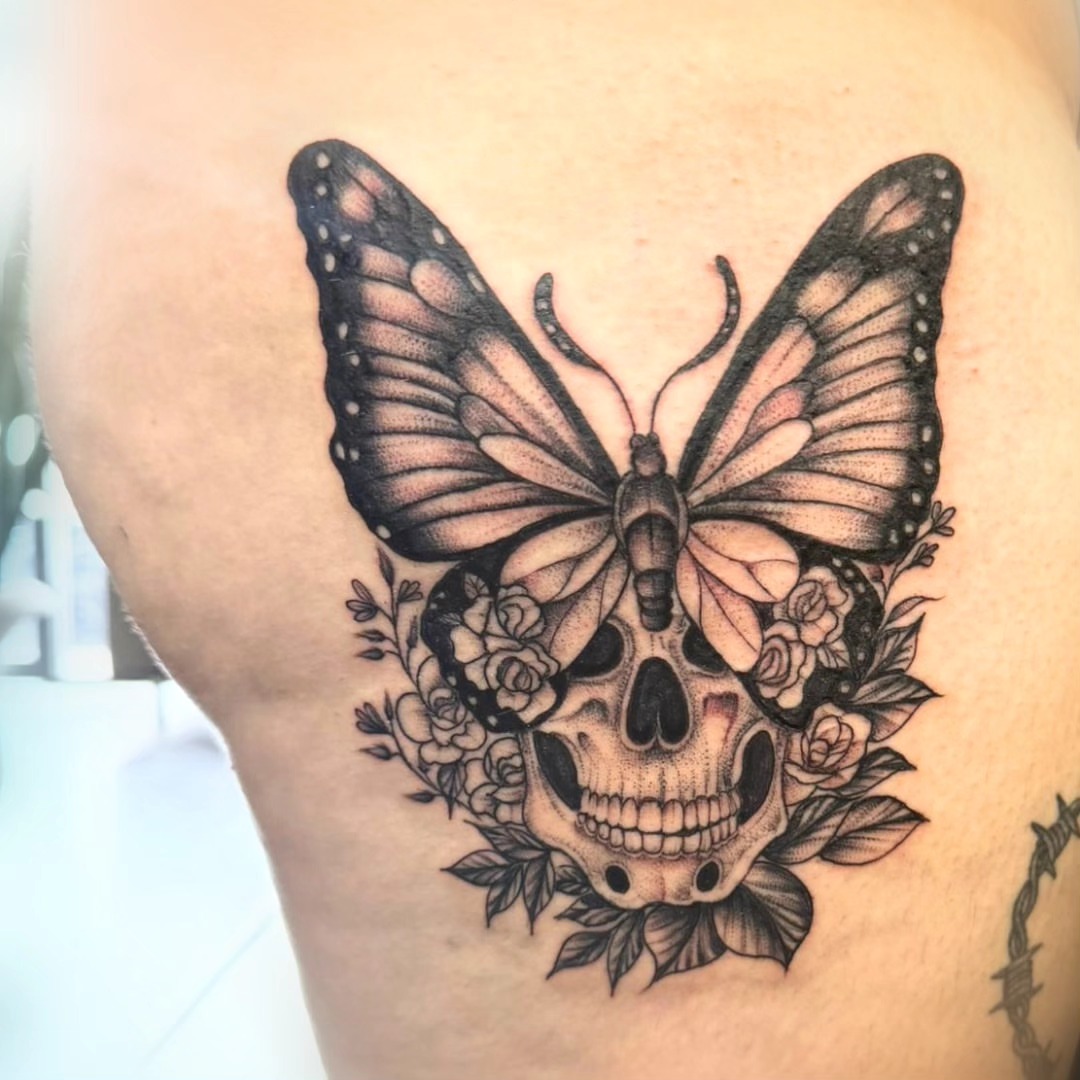 Butterfly and skull dotwork tattoo on the thigh by ๐๐ช๐ฝ๐ฑ๐ ๐๐ฒ๐ป๐ต ๐ฃ๐ช๐ฝ๐ฝ๐ธ๐ธ