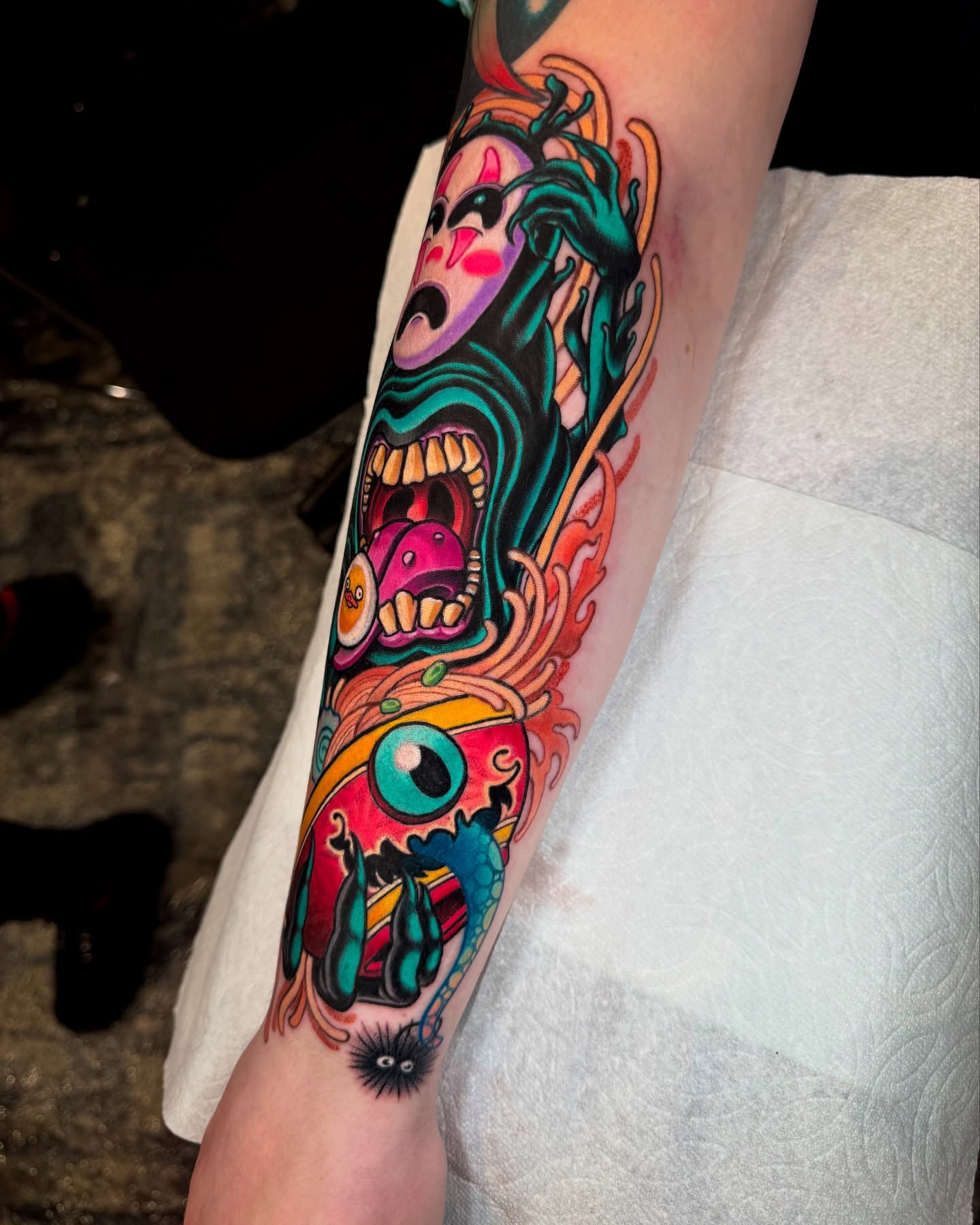 Monster new school tattoo on the forearm by Jon Leighton