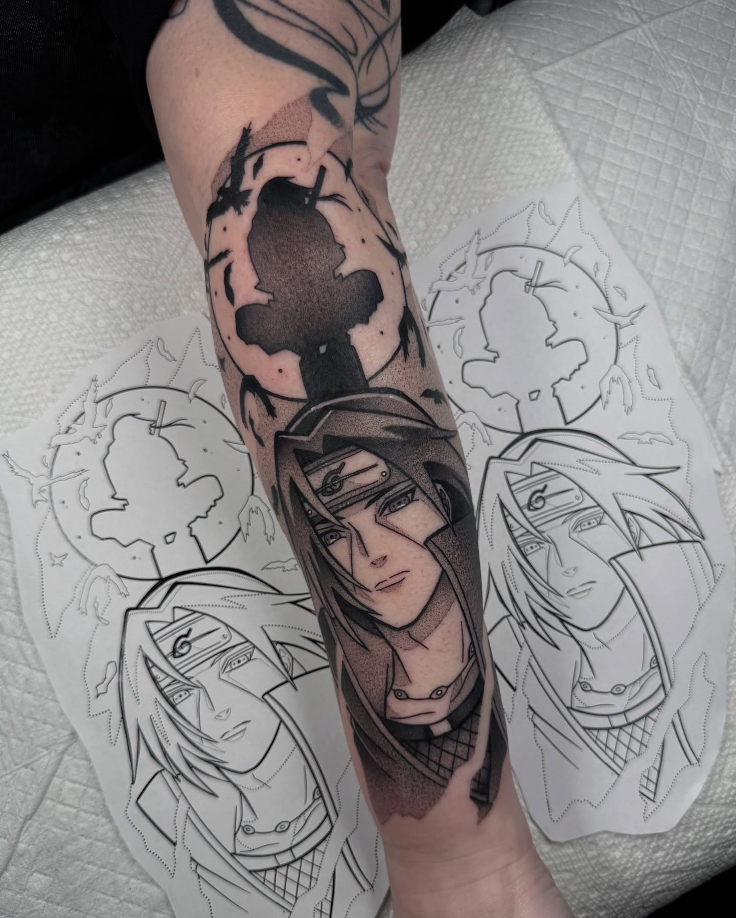 Anime character dotwork tattoo on the forearm by Donnie Moore