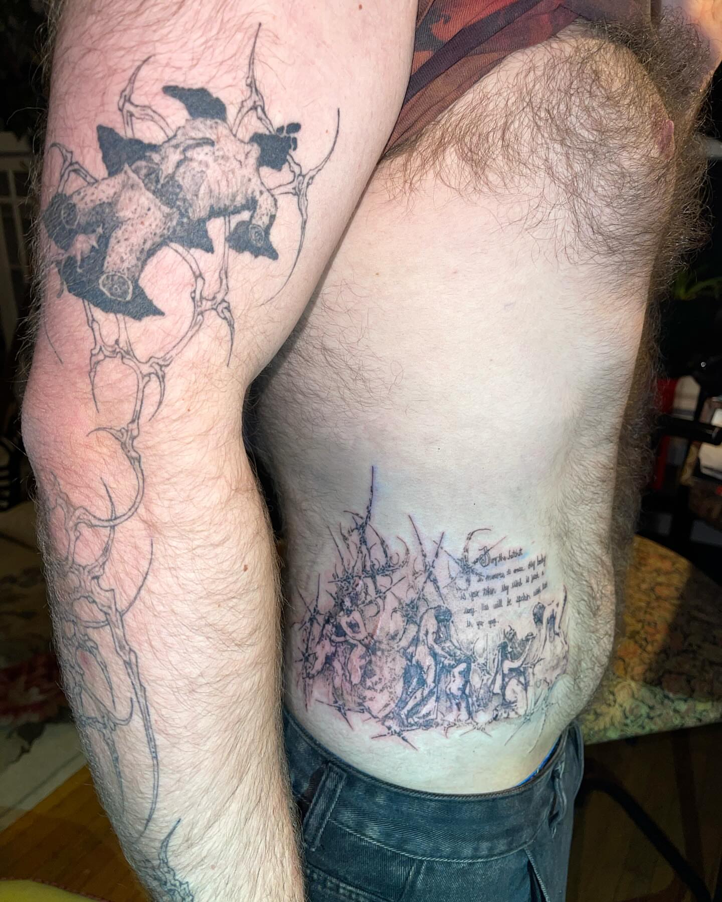 War scene dotwork tattoo on the chest by @initiationoftorture