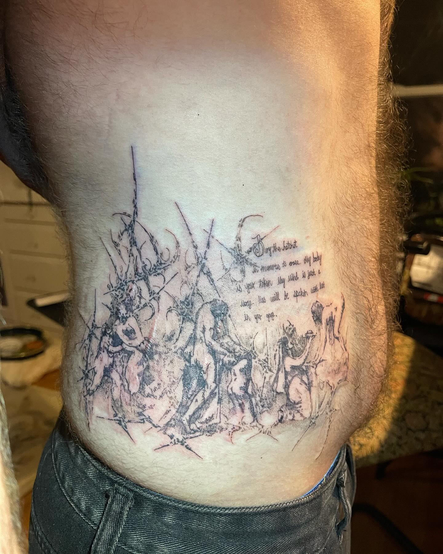 War scene realism tattoo on the thigh by @initiationoftorture