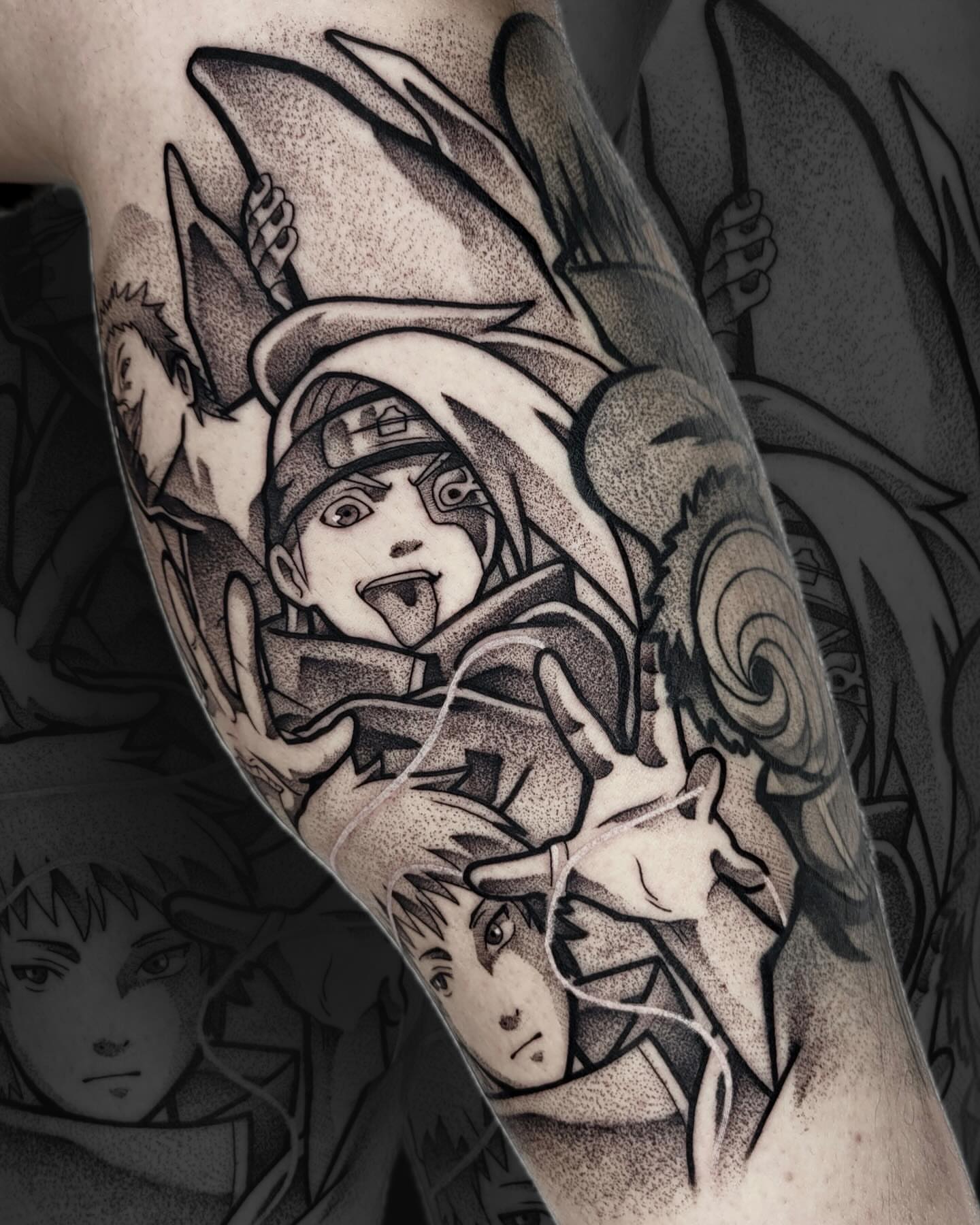 Anime characters dotwork tattoo on the forearm by Danny, San Luis Obispo, California