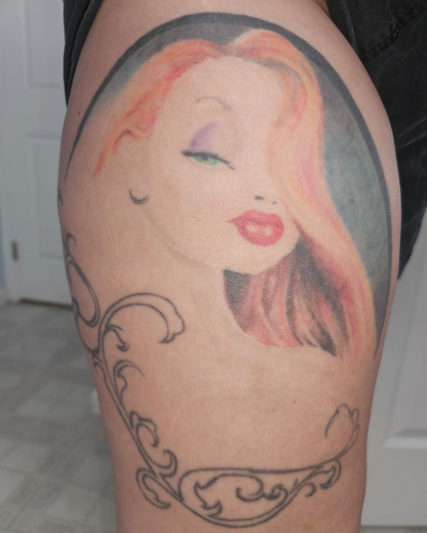 Female portrait realism tattoo on the thigh by πΈπππππππ πΈππππππππ, Bel Air, Maryland