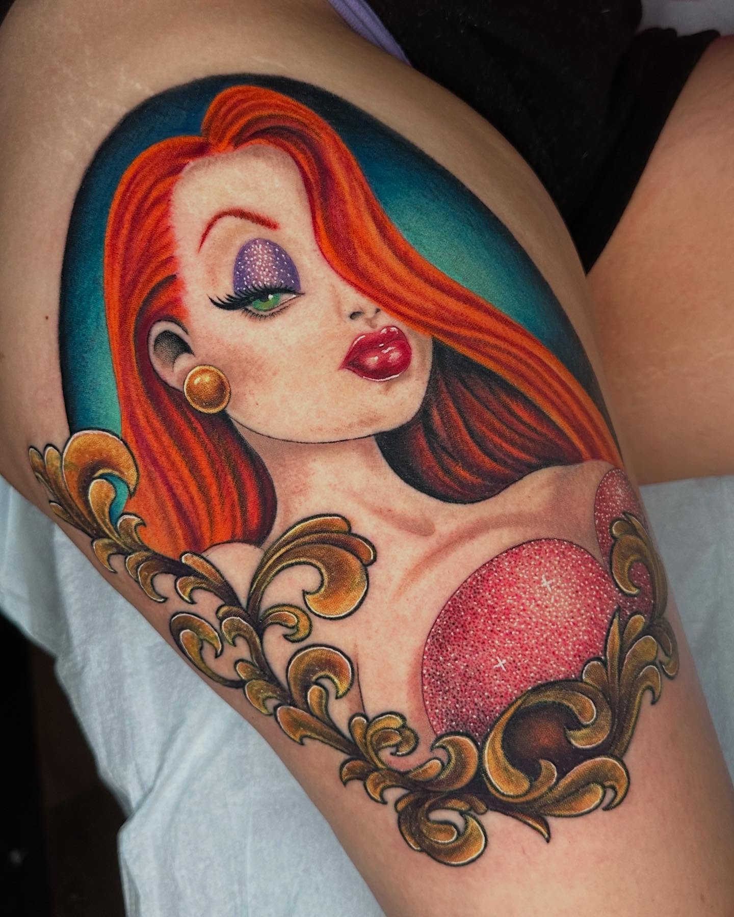 Woman with red hair illustrative tattoo on the thigh by πΈπππππππ πΈππππππππ, Bel Air, Maryland