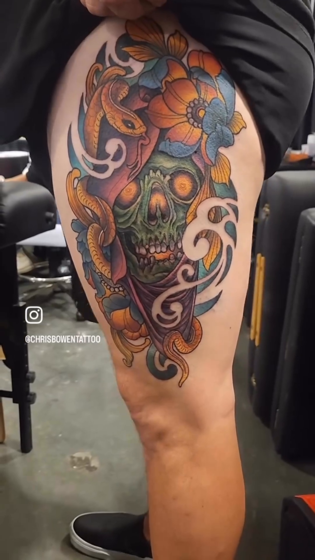 Skull with snakes and flowers japanese irezumi tattoo by Chris Bowen