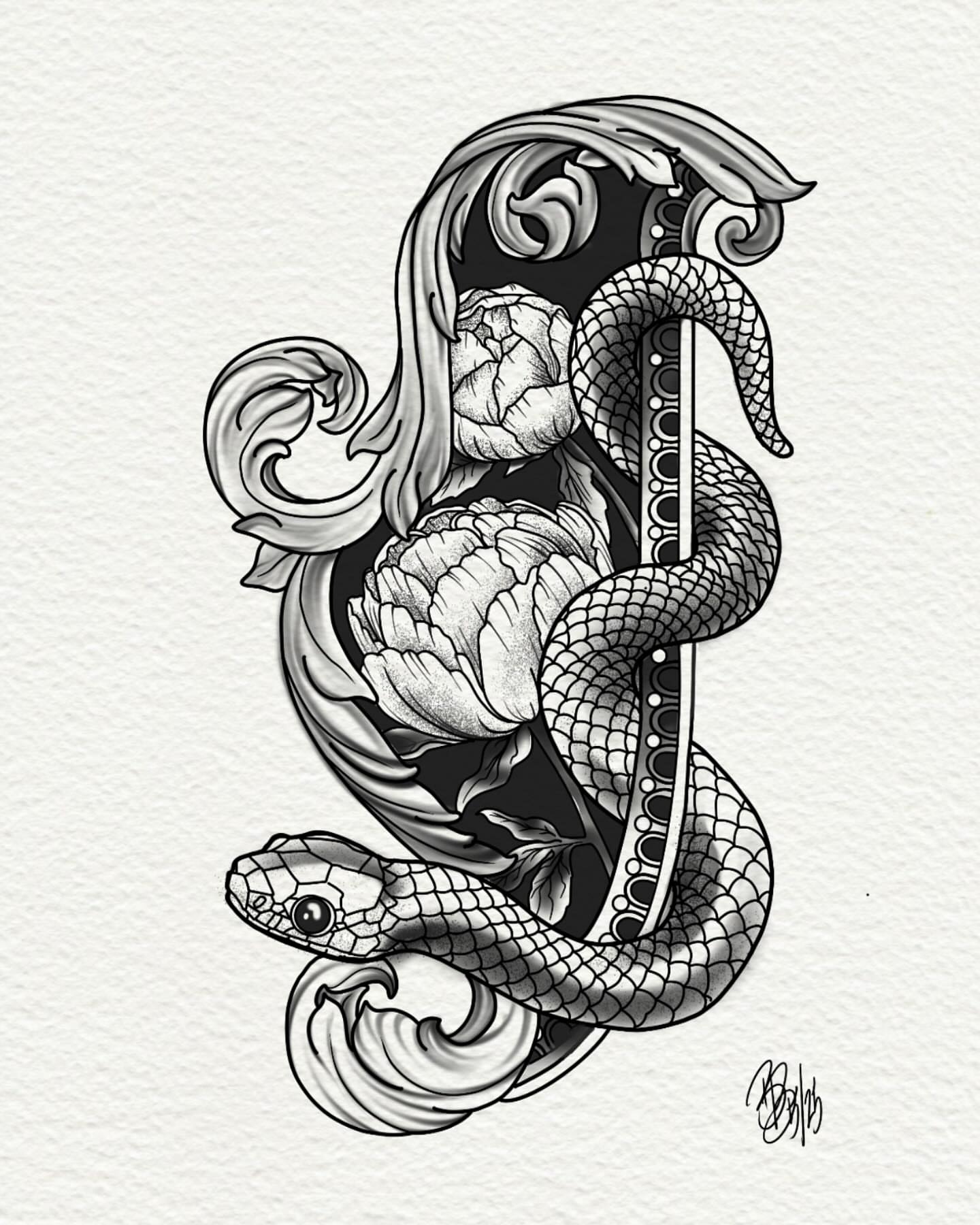 Snake and peony ornamental tattoo by Brittany Brutal