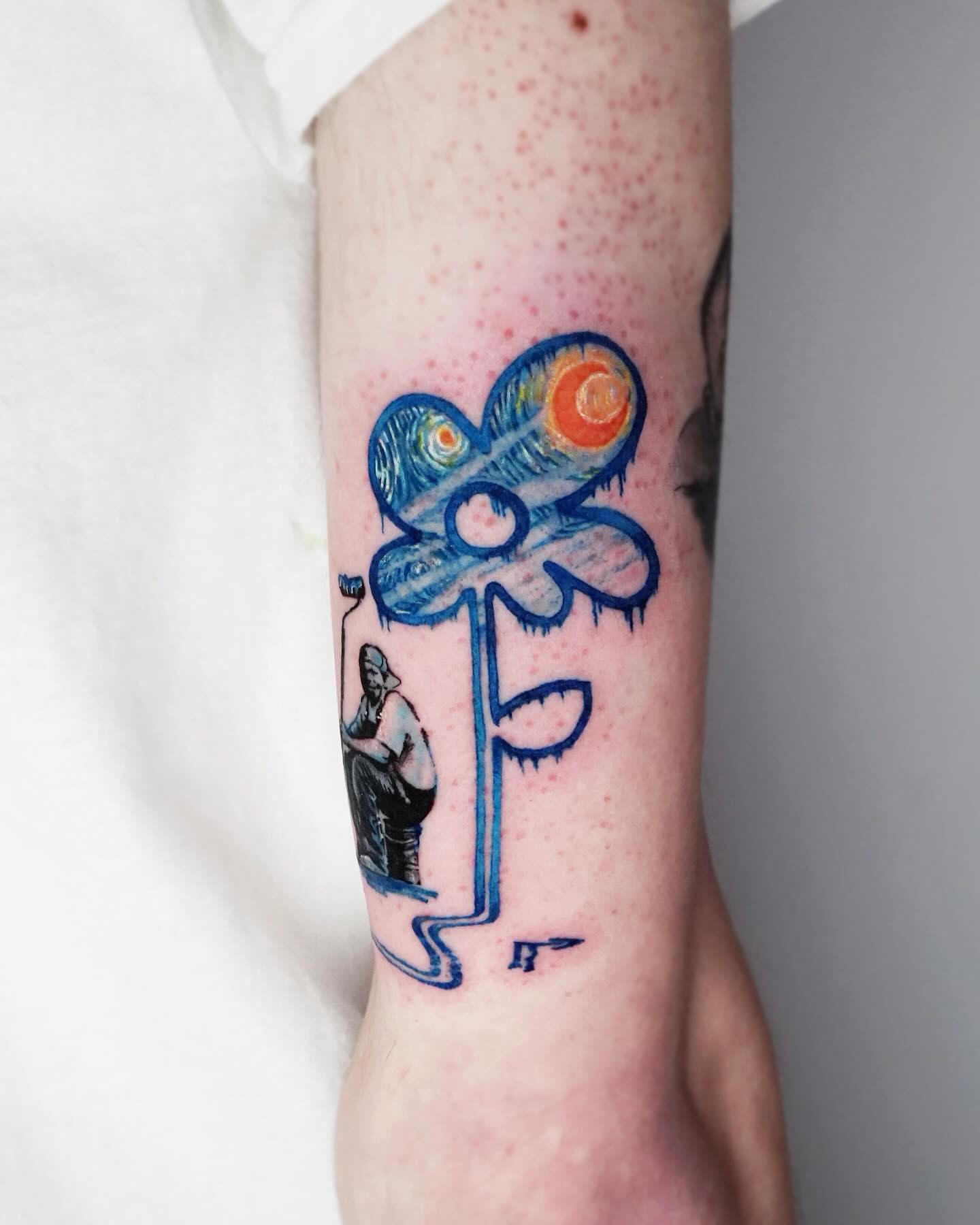 Flower with celestial background new school tattoo on the forearm by Yeye