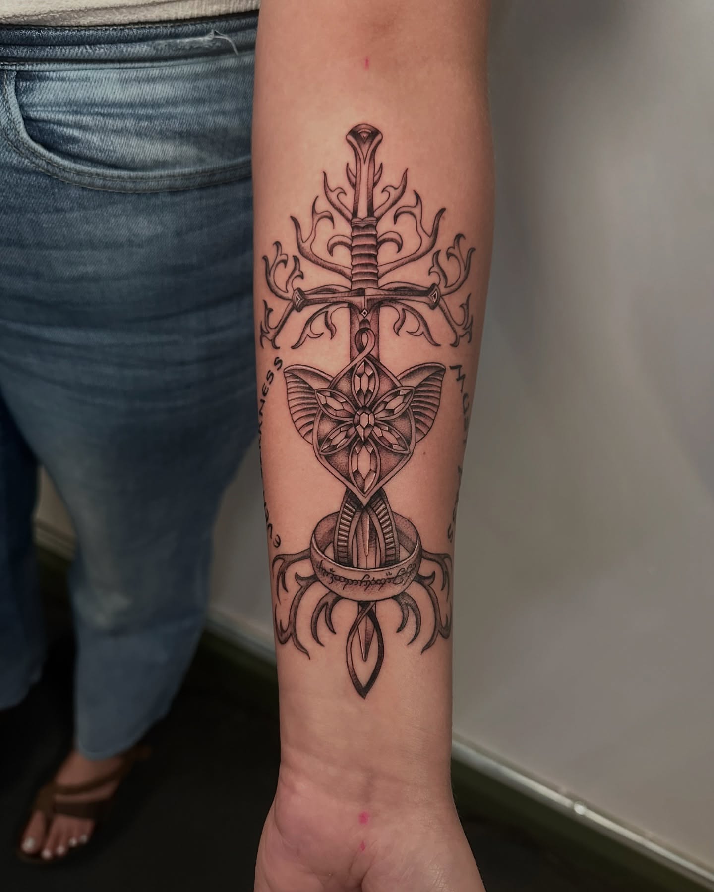 Sword and butterfly geometric tattoo on the forearm by Abby ✣ fineline and blackwork ✣