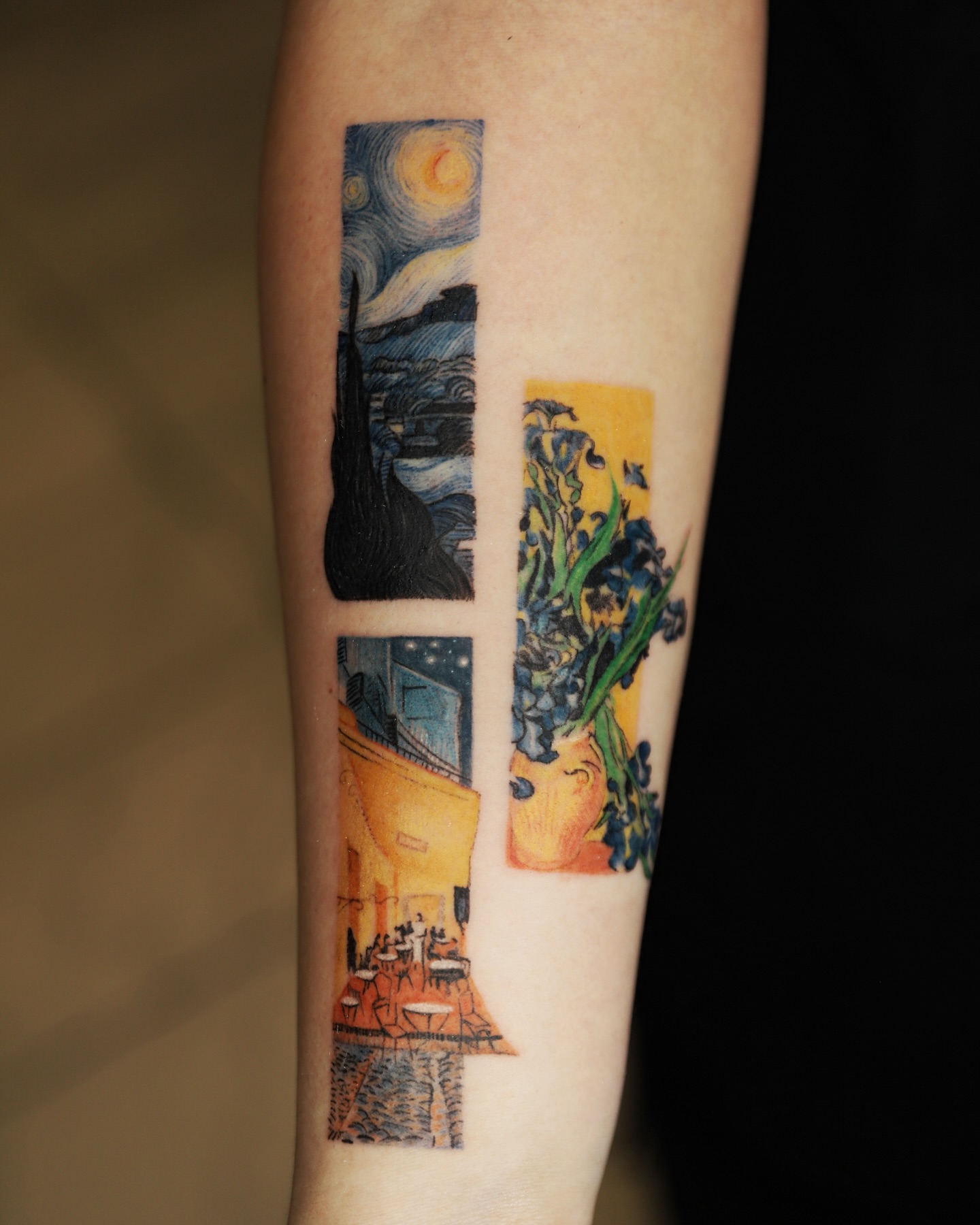 Starry night, iris vase, café terrace illustrative tattoo on the forearm by Las Vegas tattoo