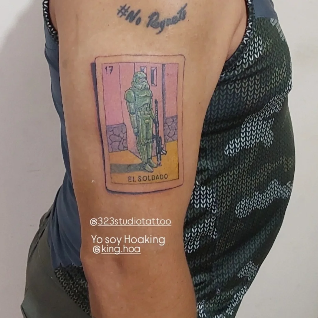 Soldier tarot card American traditional tattoo on the thigh by Hoa King