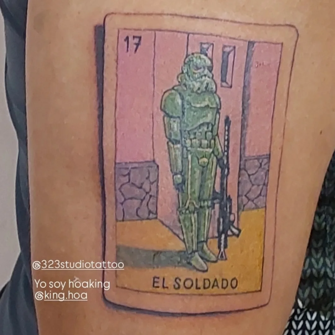 Soldado tarot card realism tattoo on the thigh by Hoa King
