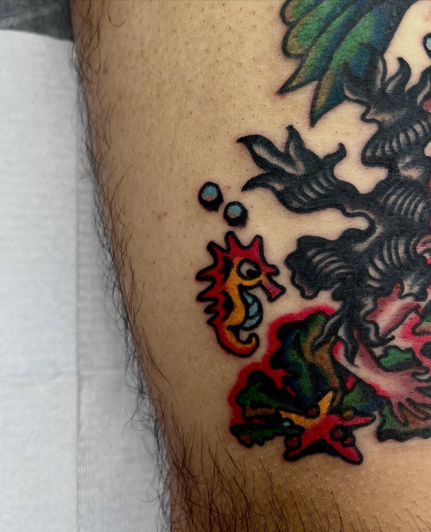 Seahorse American traditional tattoo on the forearm by Jimmy Ho