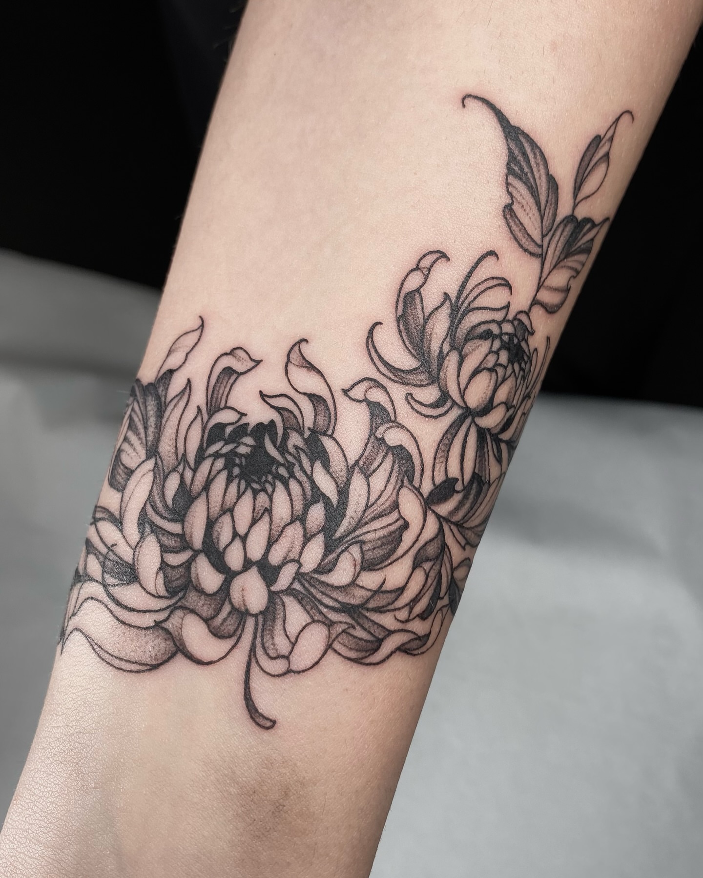 Chrysanthemums black and grey tattoo on the forearm by IVY