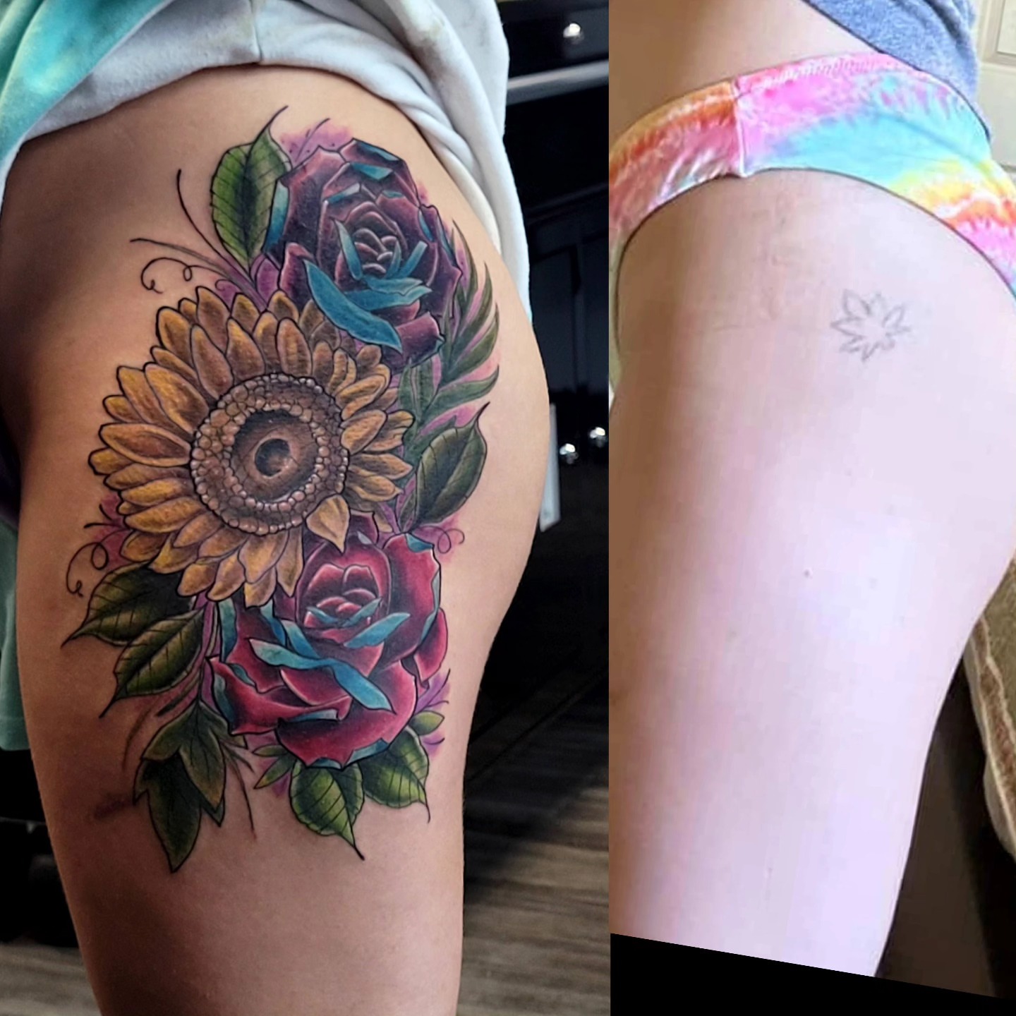 Sunflower and roses realism tattoo on the thigh by Dawne Michele