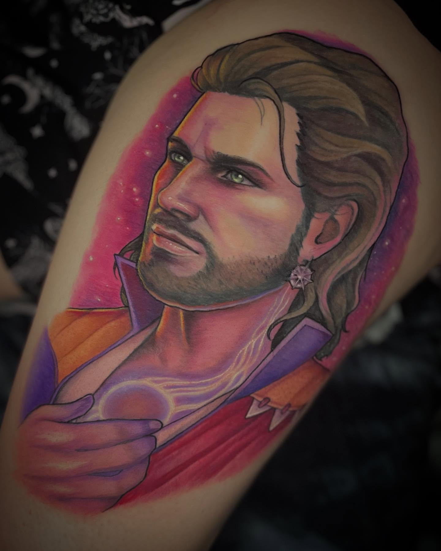 Portrait of a man realism tattoo on the upper arm by Leah Marie, Cincinnati