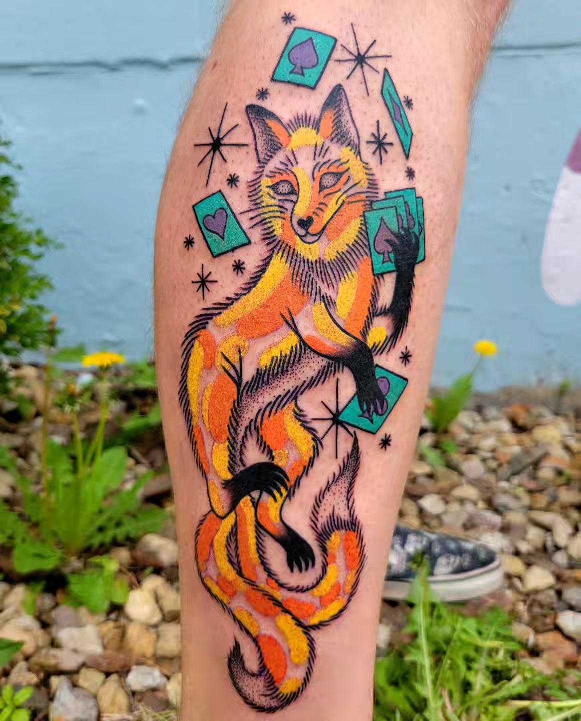 Fox geometric tattoo on the forearm by Cat Wong意藝