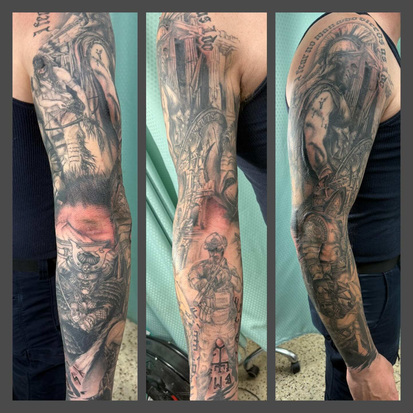 Warrior and ship realism tattoo on the upper arm by Richard Nagy, New Orleans, Louisiana