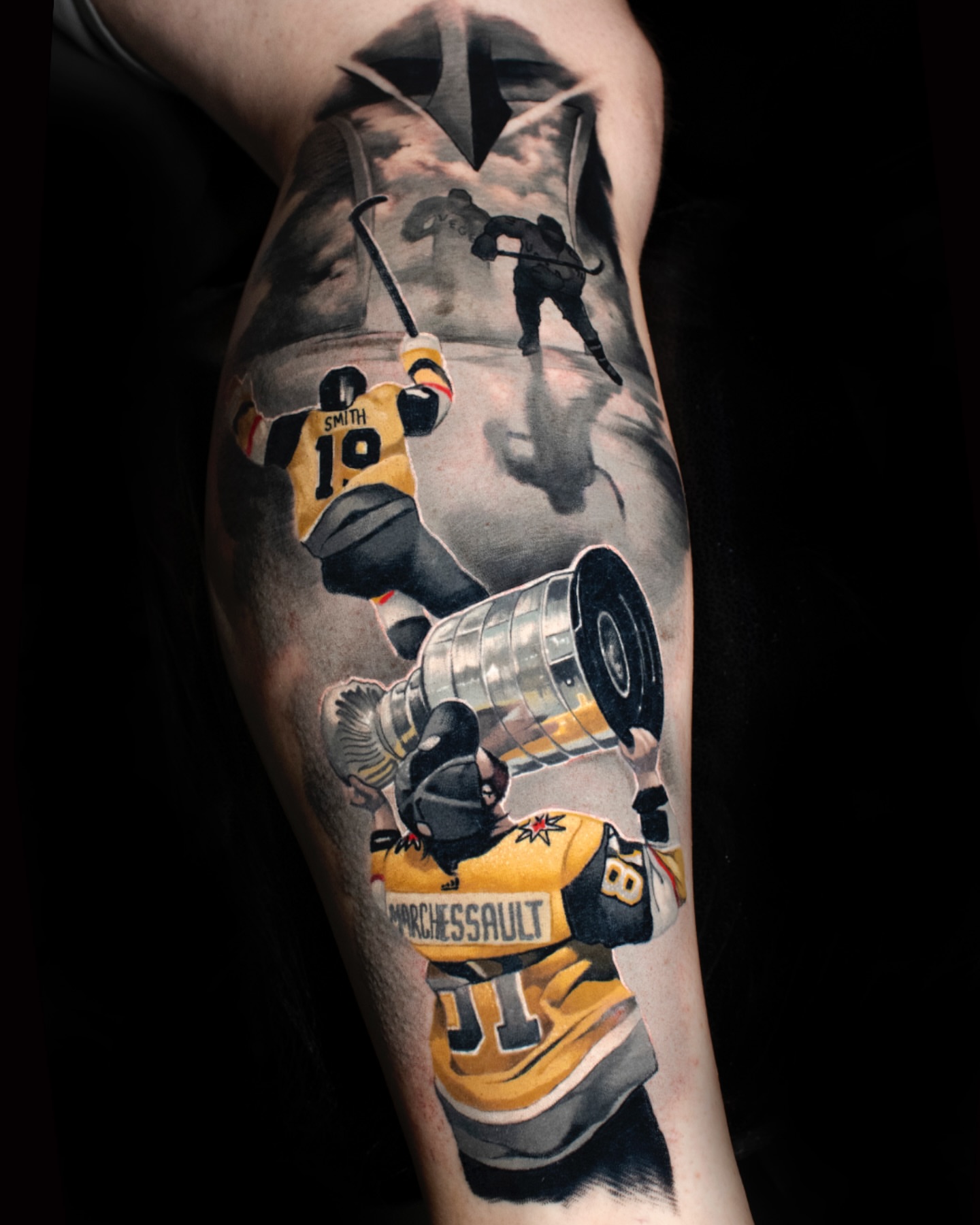 Hockey players with Stanley Cup realism tattoo on the forearm by Luke Benavidez