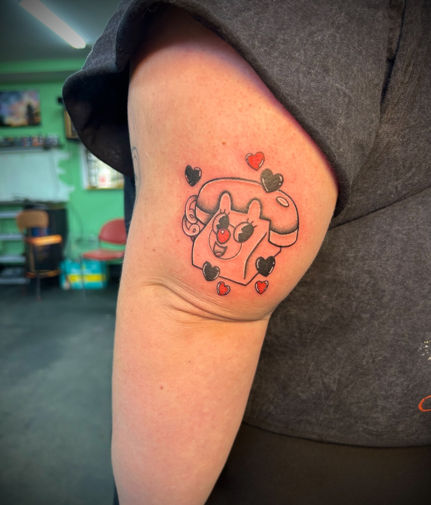 Mushroom character dotwork tattoo on the forearm by Kiersten Tickle