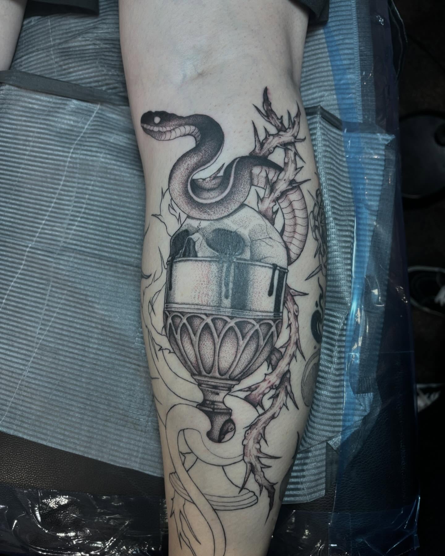 Snake and urn sketch tattoo on the forearm by Zoe D