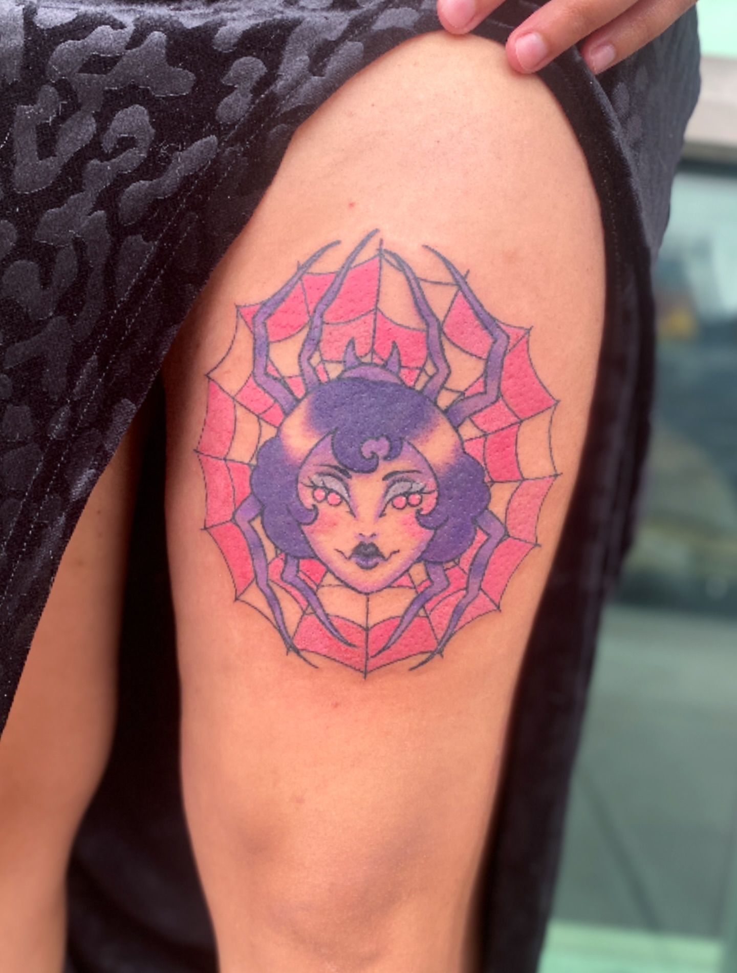 Spider woman dotwork tattoo on the thigh by Elliot Jaye Valentine