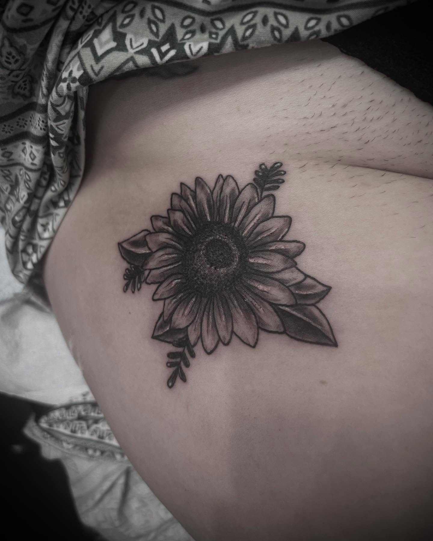 Sunflower black and grey tattoo on the thigh by ⚡️Shaw⚡️