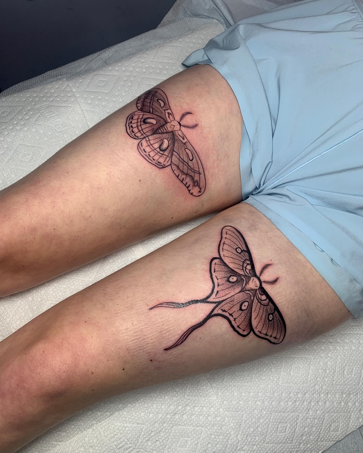 Moth black and grey tattoo on the leg by ⓣⓞⓡⓘ, Bangor, Maine