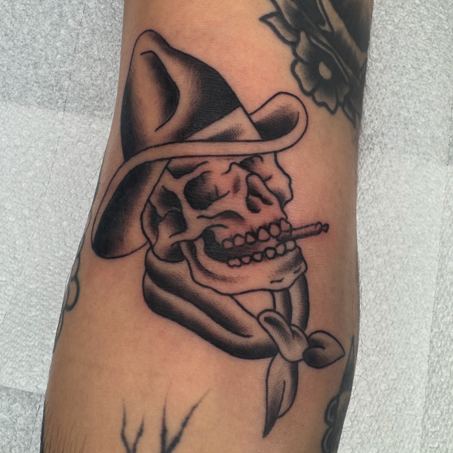 Cowboy skull American traditional tattoo on the forearm by Drew🕸️, Phoenix, Arizona