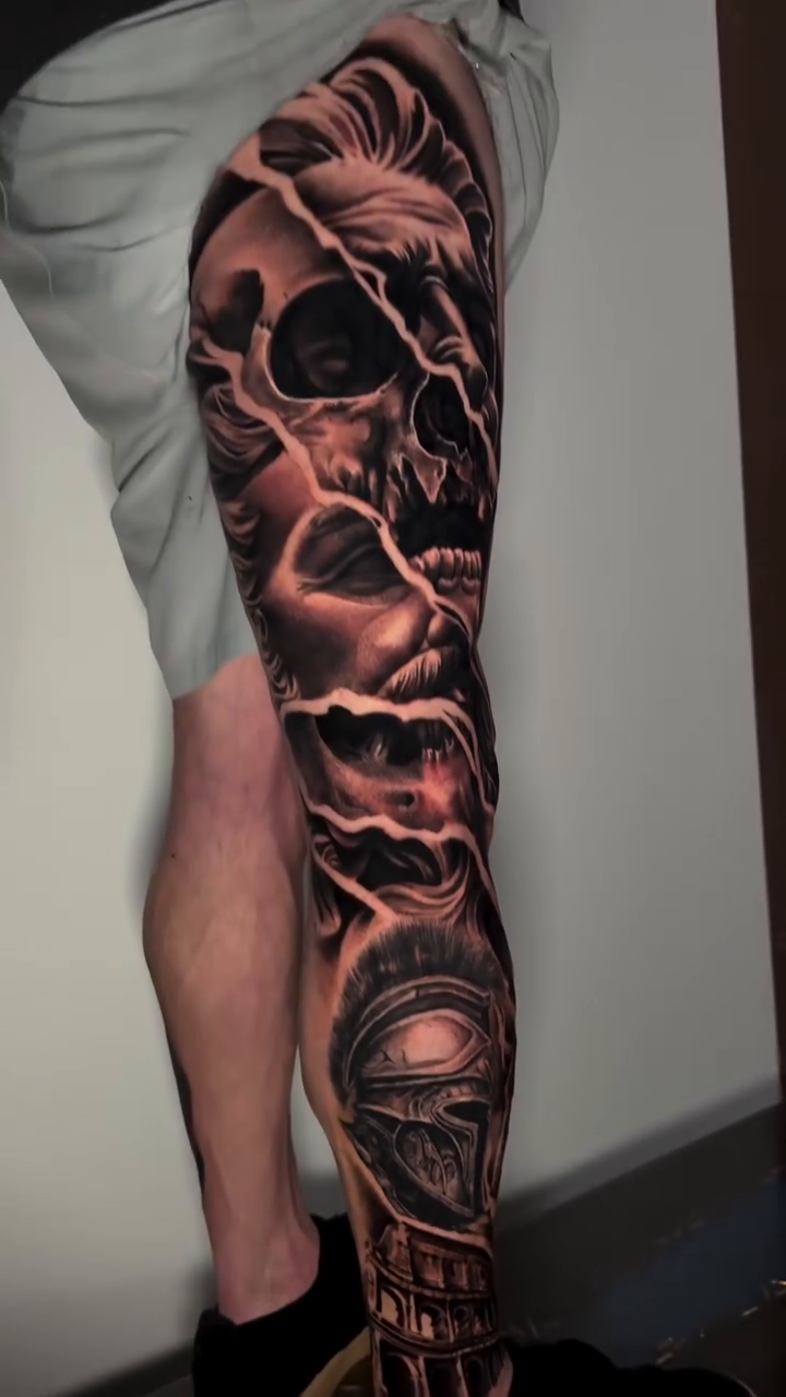 Skull and clockwork dark realism tattoo by inkzombi