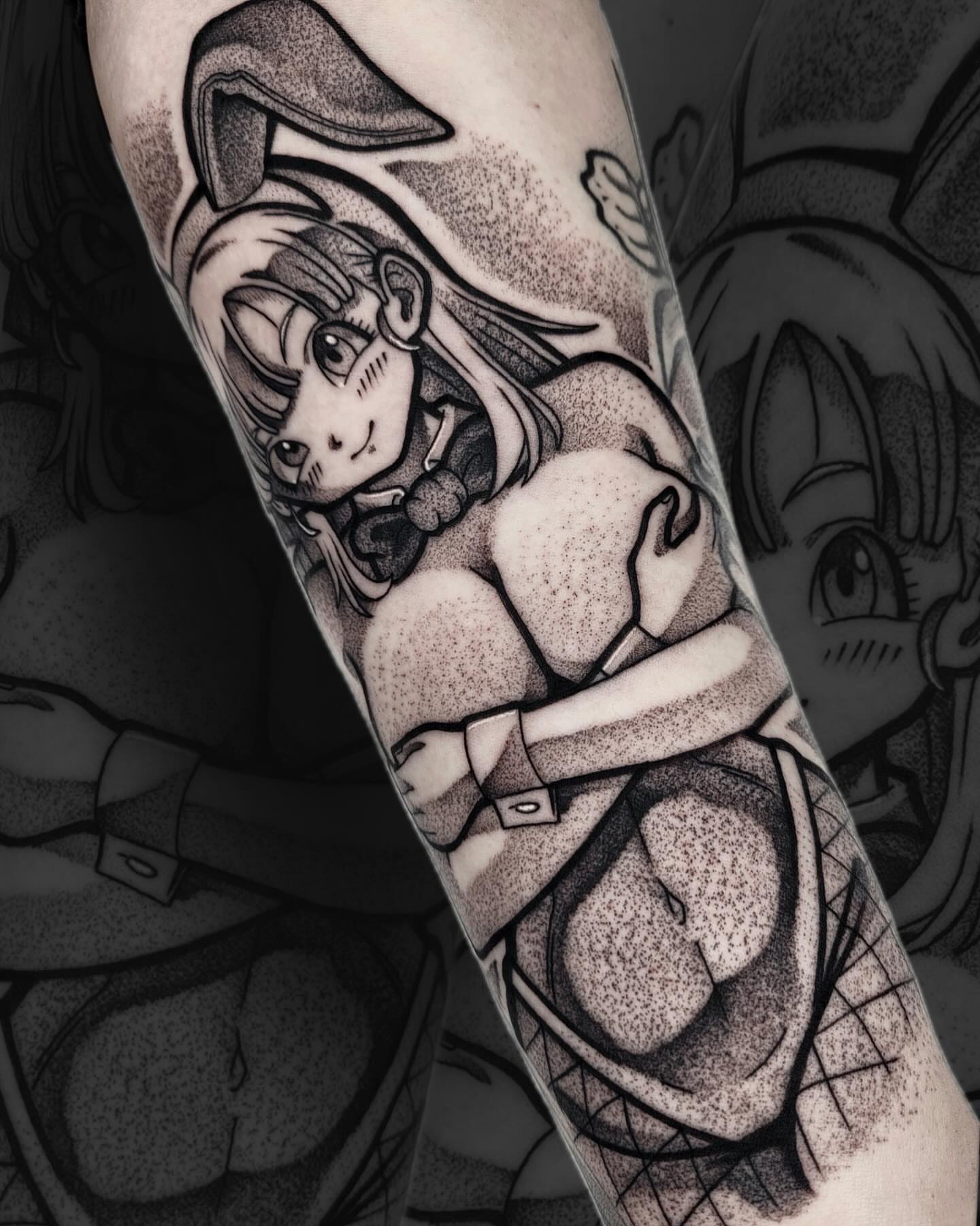 Anime character dotwork tattoo on the forearm by Danny, San Luis Obispo, California